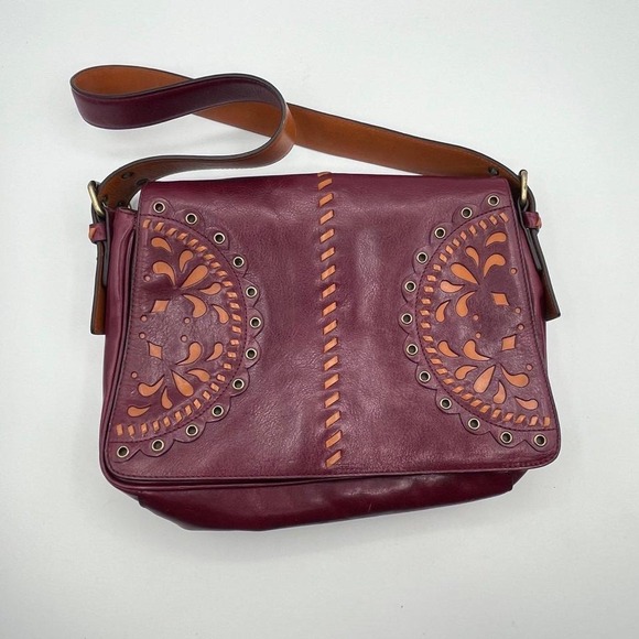 Hype Handbags - Hype Burgundy Leather Messenger Bag –‎ Cutout Floral Design – Adjustable Strap